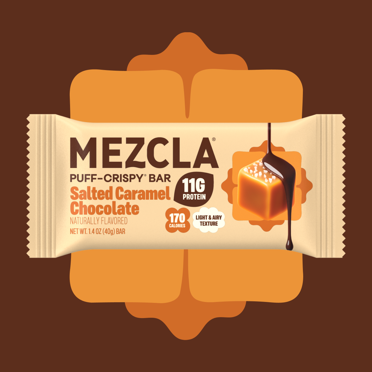 MEZCLA Puff-Crispy Bar in Salted Caramel Chocolate flavor with cream wrapper showing 11g protein, 170 calories, and caramel dripping illustration on orange decorative background