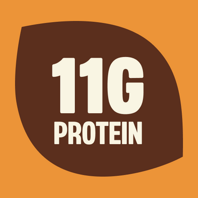 Orange background with brown rounded shape containing white text "11G PROTEIN"