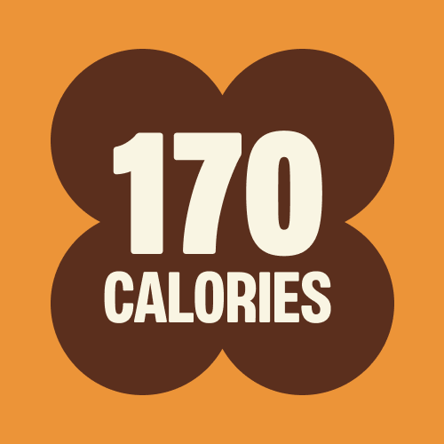 Orange badge with brown flower shape displaying "170 CALORIES" in white text