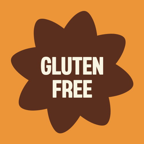 Brown star-shaped badge with "GLUTEN FREE" text in white letters on orange background