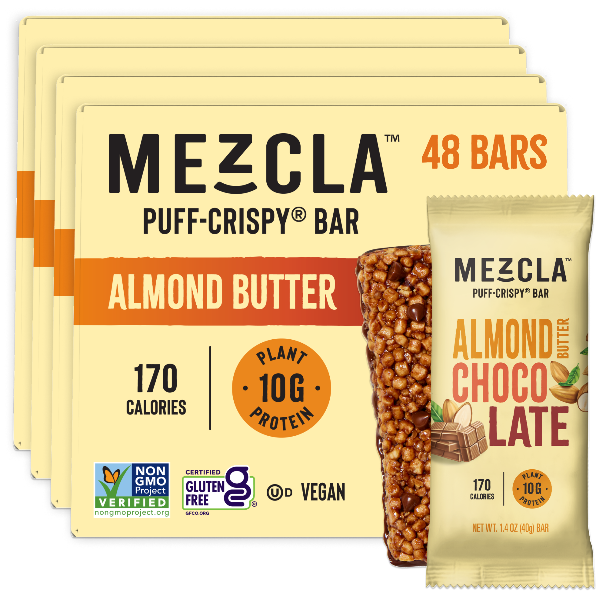 Mezcla Almond Butter Puff-Crispy protein bars in yellow packaging, showing 48-bar bulk pack with individual bar featuring chocolate coating and crispy texture