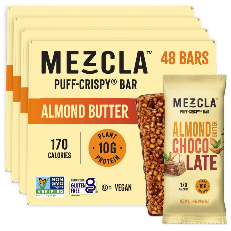 Mezcla Almond Butter Puff-Crispy protein bars in yellow packaging, showing 48-bar bulk pack with individual bar featuring chocolate coating and crispy texture