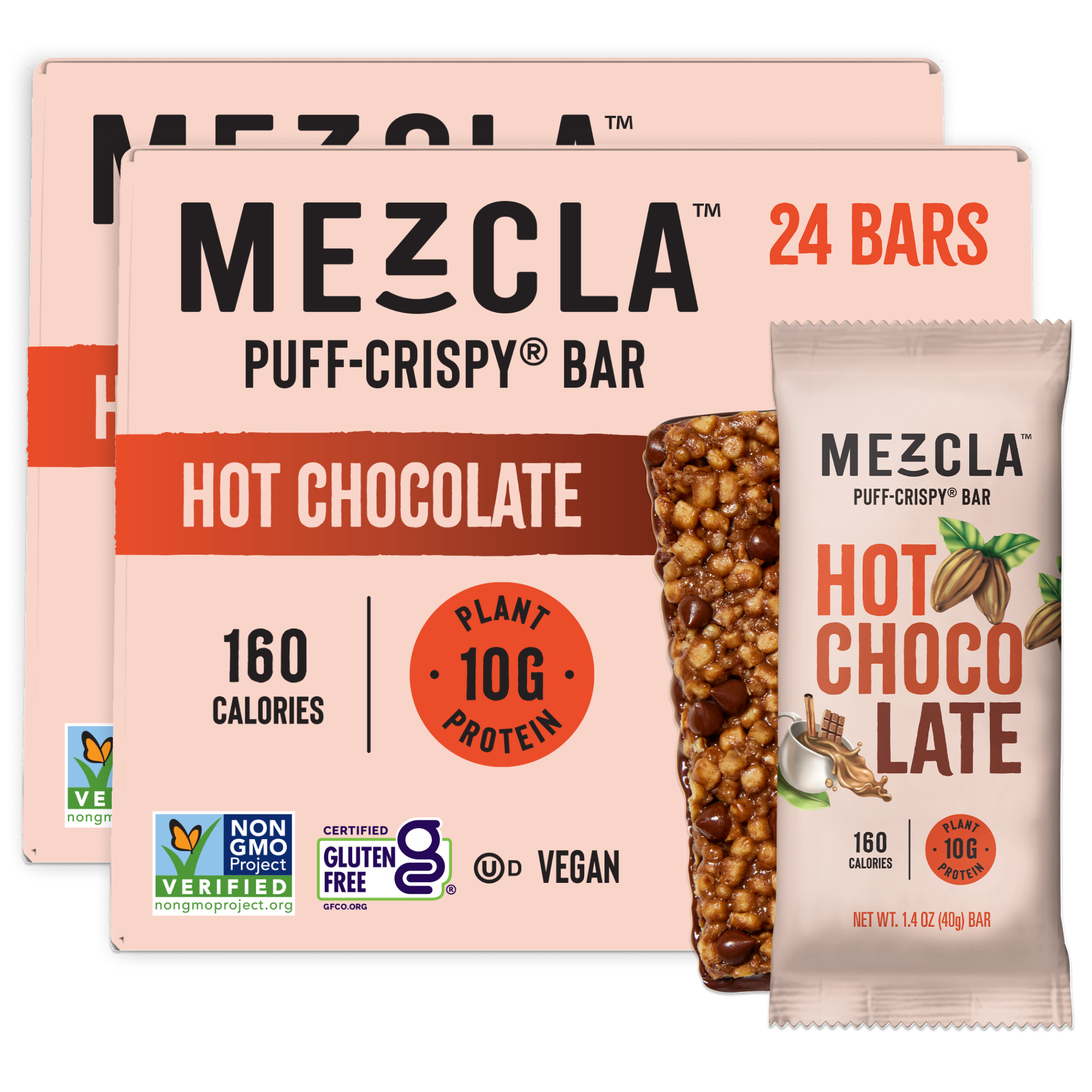 Pink Mezcla Hot Chocolate Puff-Crispy protein bar boxes (24 bars) with individual wrapper showing textured bar, 10g plant protein, vegan certified