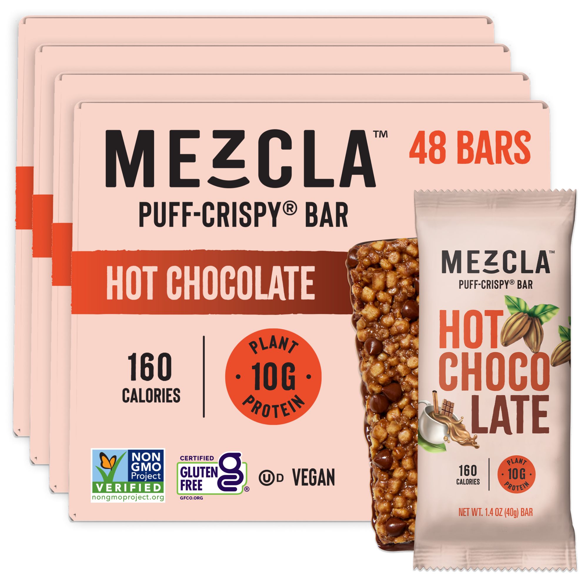 Four pink boxes of Mezcla Hot Chocolate Puff-Crispy protein bars with one individual bar shown, featuring 48 bars total and 10g plant protein