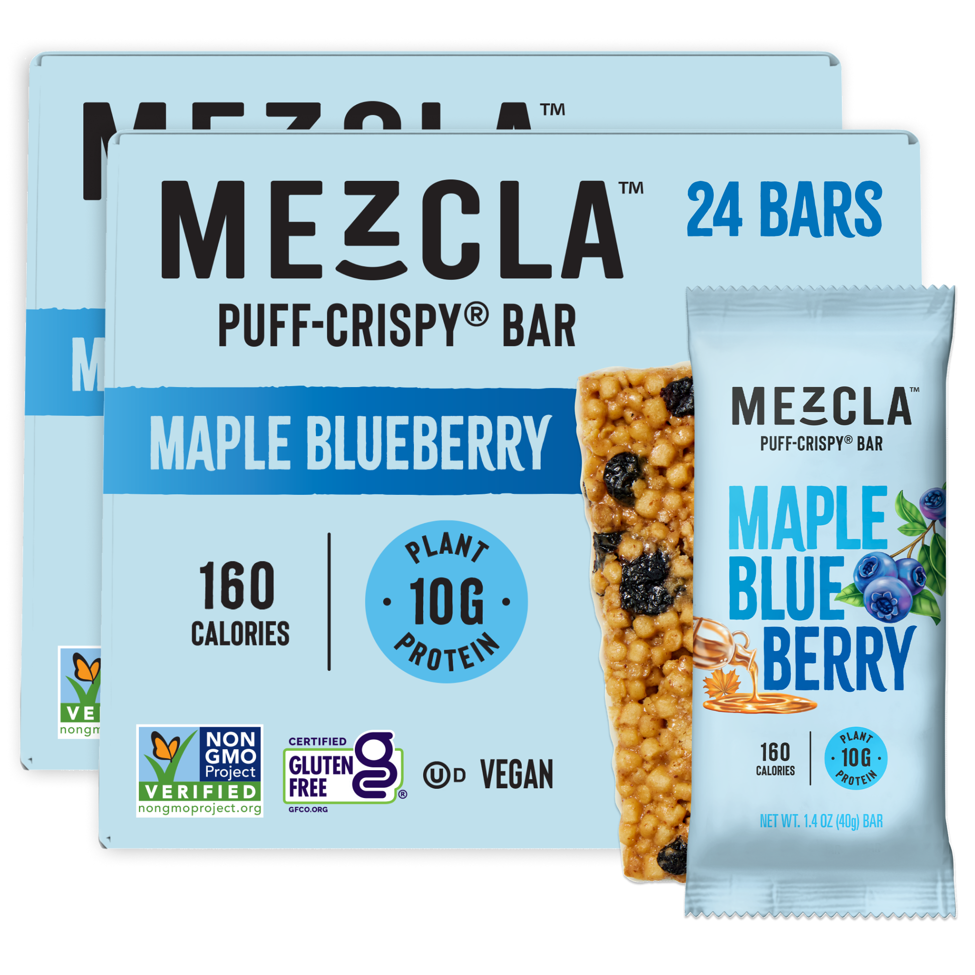 Mezcla Maple Blueberry Puff-Crispy protein bars packaging showing blue boxes and individual bar wrapper with granola texture