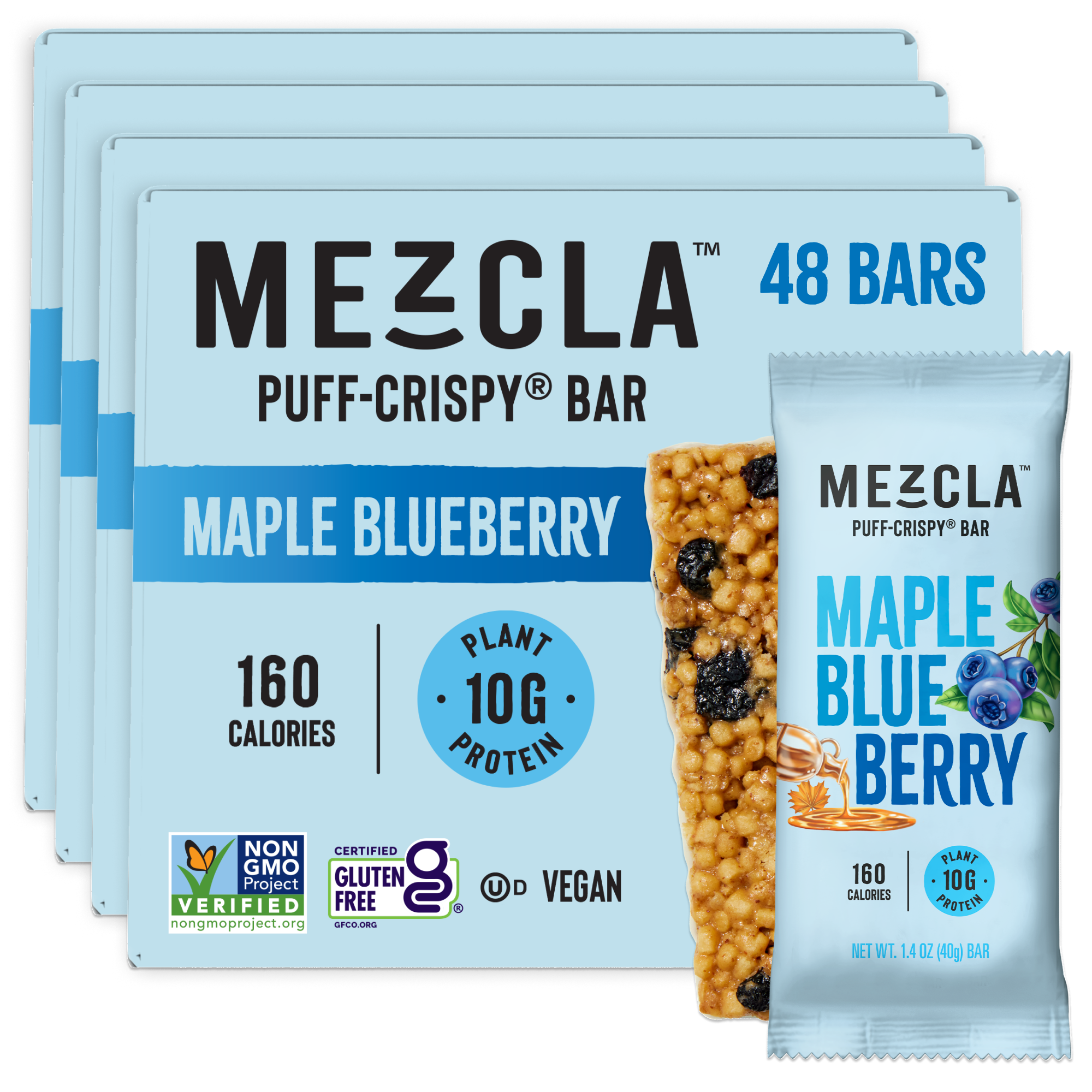 Stack of four light blue Mezcla protein bar boxes showing Maple Blueberry Puff-Crispy bars, 48 bars total, with individual bar package displayed