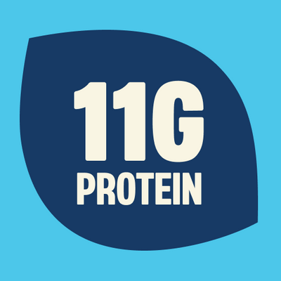Blue circular badge on turquoise background displaying "11G PROTEIN" in large cream-colored text