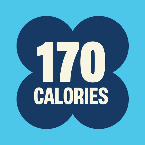 Blue flower-shaped badge on turquoise background displaying "170 CALORIES" in white text