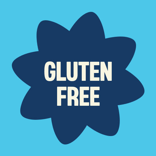 Blue star-shaped badge with white "GLUTEN FREE" text on turquoise background