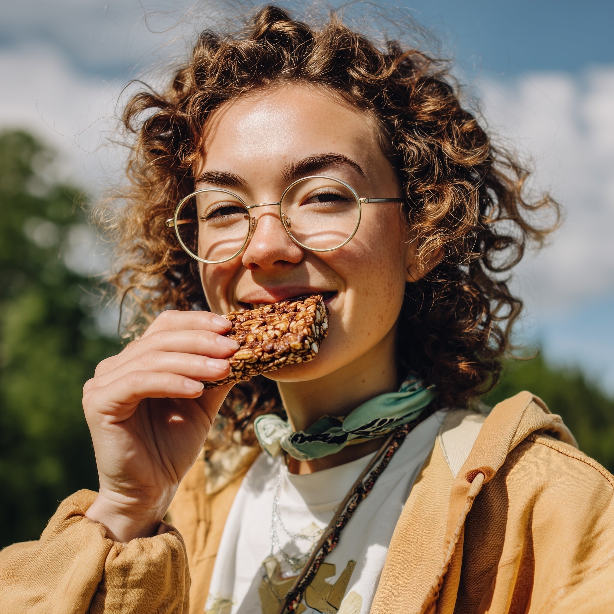 Young woman with curly hair and round glasses smiling while eating a granola bar outdoors on a sunny day