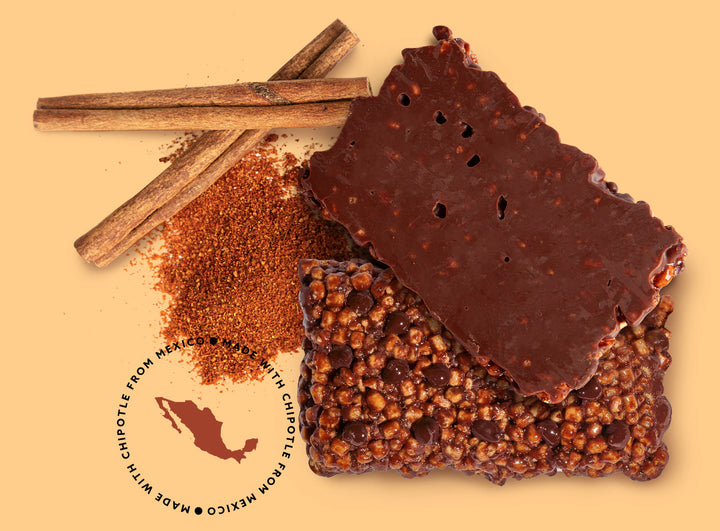 Bars surrounded by cinnamon and a pepper with a stamp showing the chipotle is sourced from Mexico