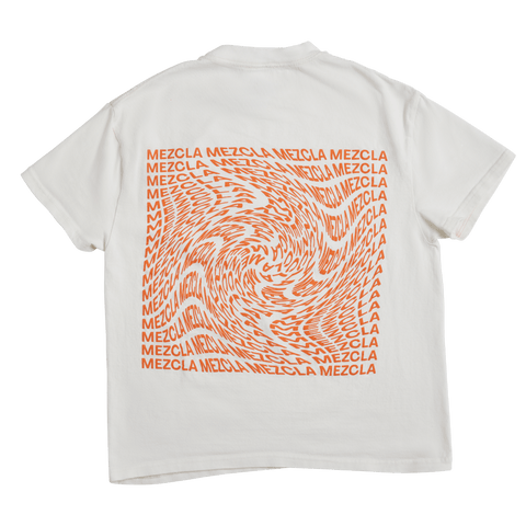 Back of the white T-Shirt with Mezcla repeated to form a square which swirls towards the center