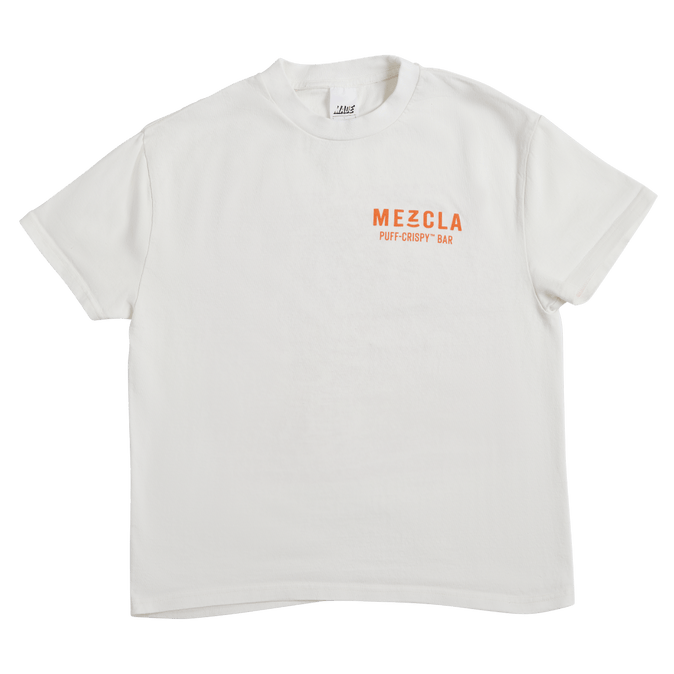 White T-Shirt with Mezcla Puff-Crispy Bar shown on the chest